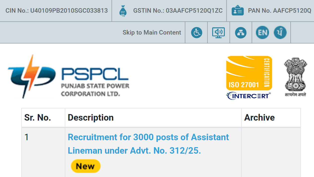 PSPCL Assistant Lineman Admit Card 2025